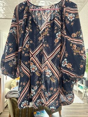 LC Lauren Conrad Boho Floral Balloon Sleeve Blouse Plus Size 0X Oversized 3X